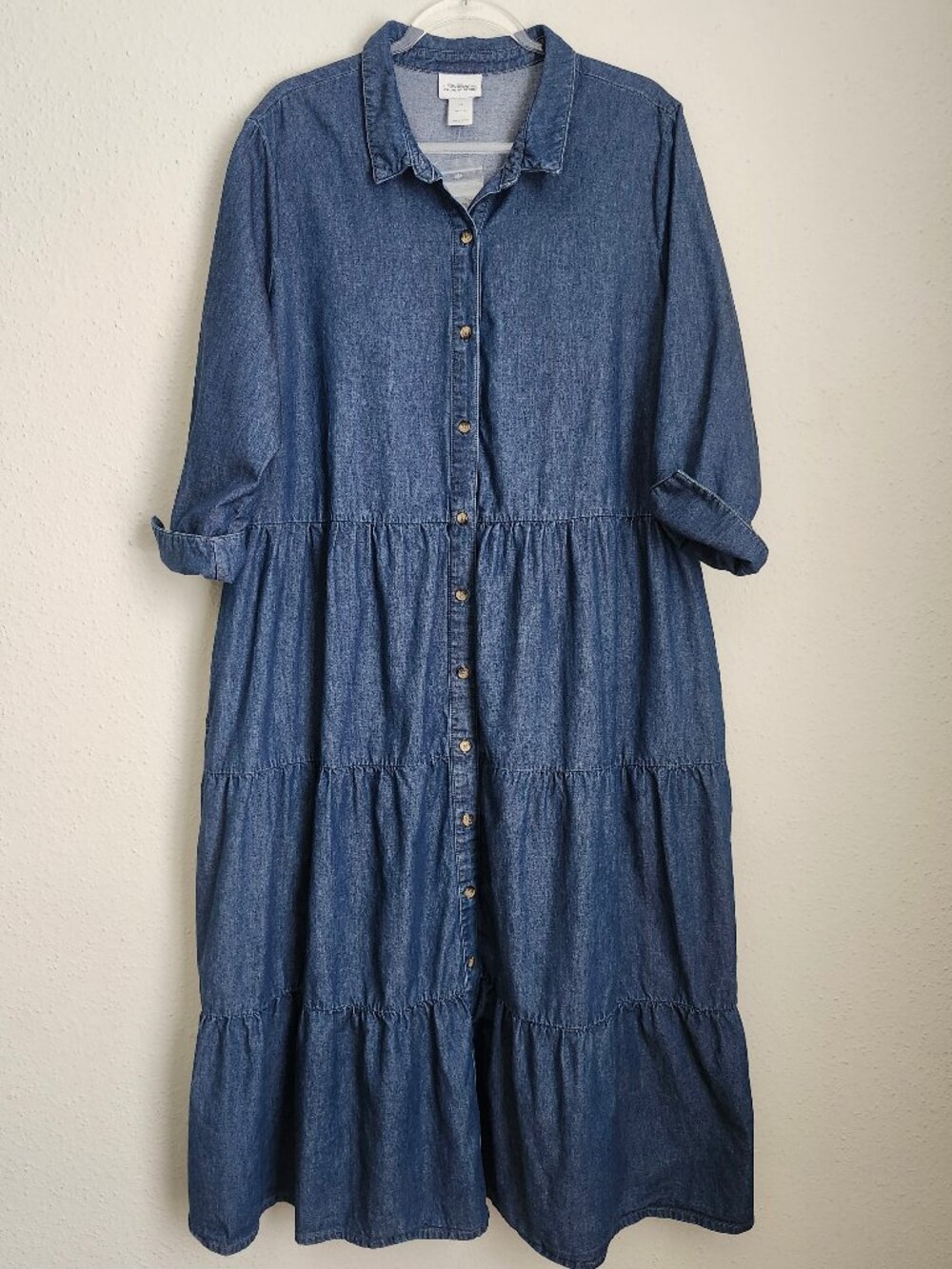 THE VERMONT COUNTRY STORE Tiered Chambray Buttoned Midi Dress 2X